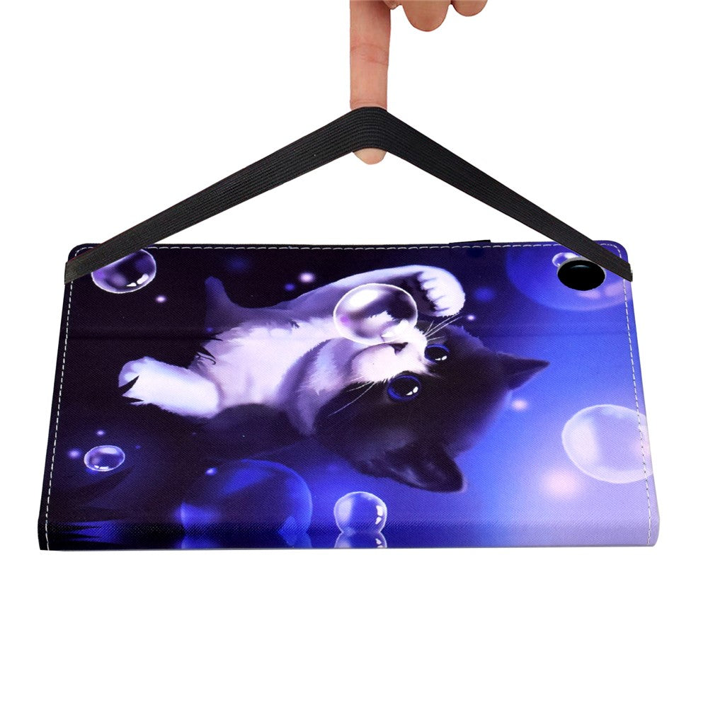 For Lenovo Tab M10 (Gen 3) PU Leather Tablet Case Pattern Printing Stand Card Holder Cover with Elastic Band - Bubble and Cat