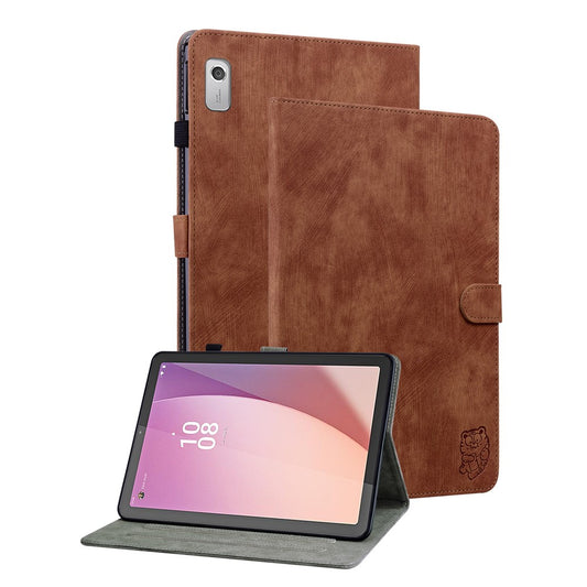 PU Leather Case for Lenovo Tab M9 Cute Tiger Pattern Tablet Protective Sleeve with Stand / Card Holder - Brown