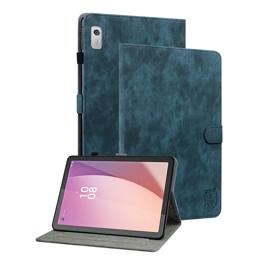 PU Leather Case for Lenovo Tab M9 Cute Tiger Pattern Tablet Protective Sleeve with Stand / Card Holder - Dark Blue