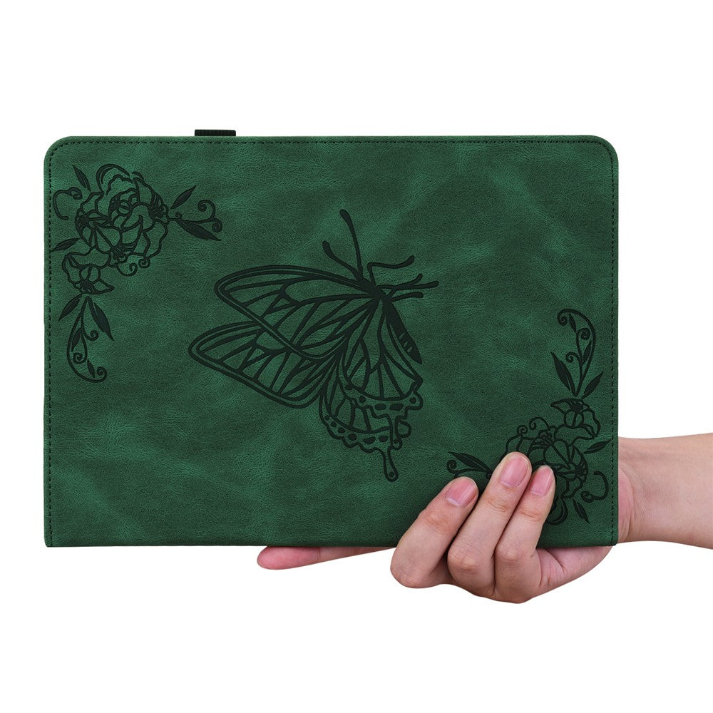 For Lenovo Tab M9 Imprinted Butterfly Flower PU Leather Card Holder Stand Tablet Case with Pen Loop - Green
