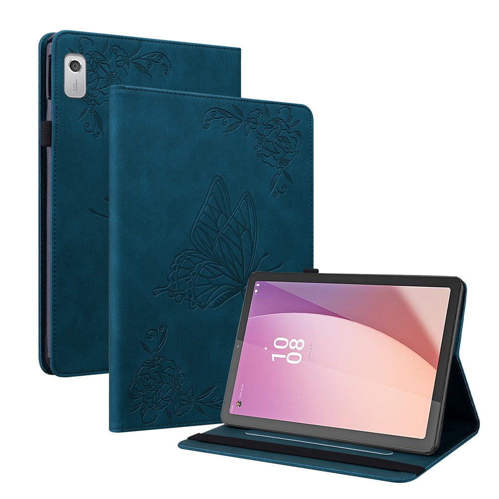 For Lenovo Tab M9 Imprinted Butterfly Flower PU Leather Card Holder Stand Tablet Case with Pen Loop - Dark Blue
