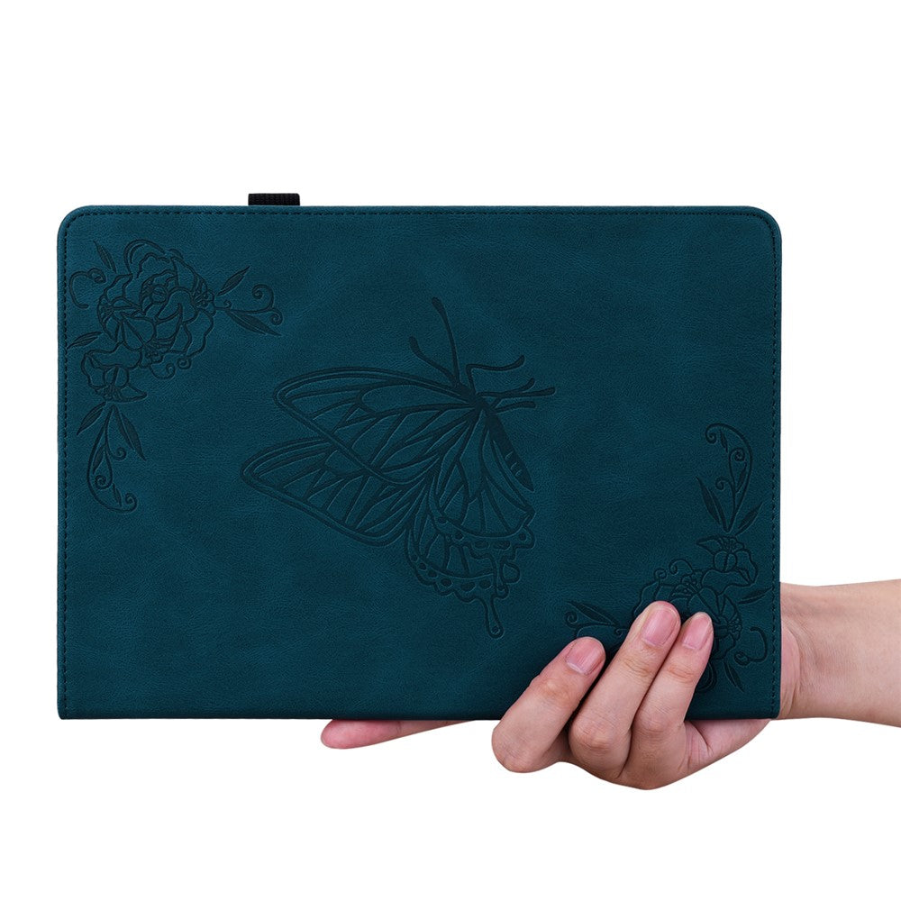 For Lenovo Tab M9 Imprinted Butterfly Flower PU Leather Card Holder Stand Tablet Case with Pen Loop - Dark Blue