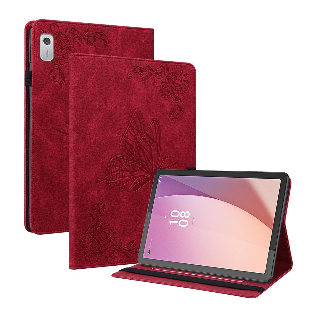 For Lenovo Tab M9 Imprinted Butterfly Flower PU Leather Card Holder Stand Tablet Case with Pen Loop - Red