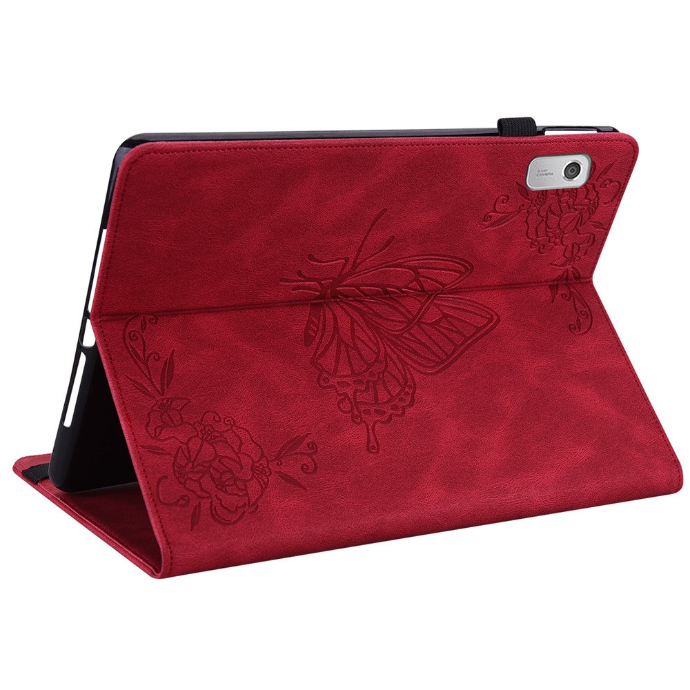 For Lenovo Tab M9 Imprinted Butterfly Flower PU Leather Card Holder Stand Tablet Case with Pen Loop - Red