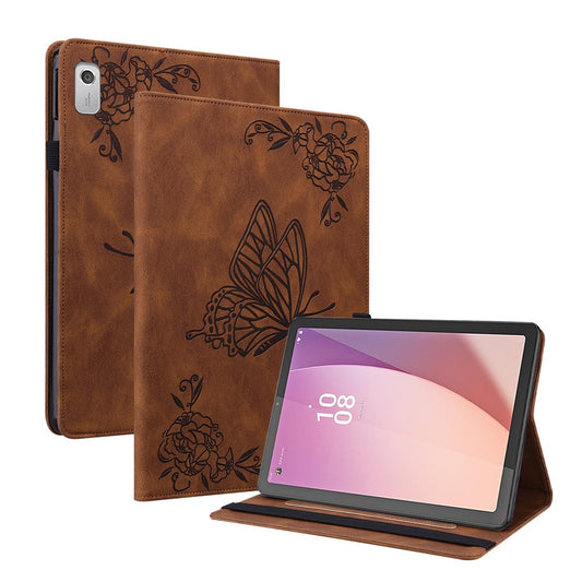 For Lenovo Tab M9 Imprinted Butterfly Flower PU Leather Card Holder Stand Tablet Case with Pen Loop - Brown