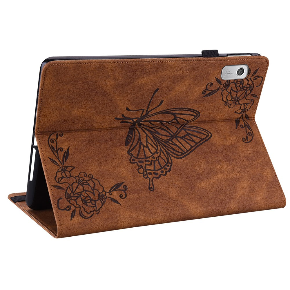 For Lenovo Tab M9 Imprinted Butterfly Flower PU Leather Card Holder Stand Tablet Case with Pen Loop - Brown