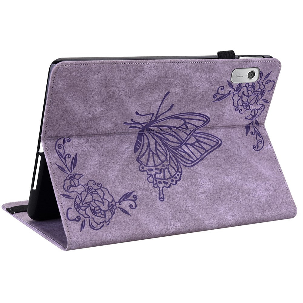 For Lenovo Tab M9 Imprinted Butterfly Flower PU Leather Card Holder Stand Tablet Case with Pen Loop - Purple