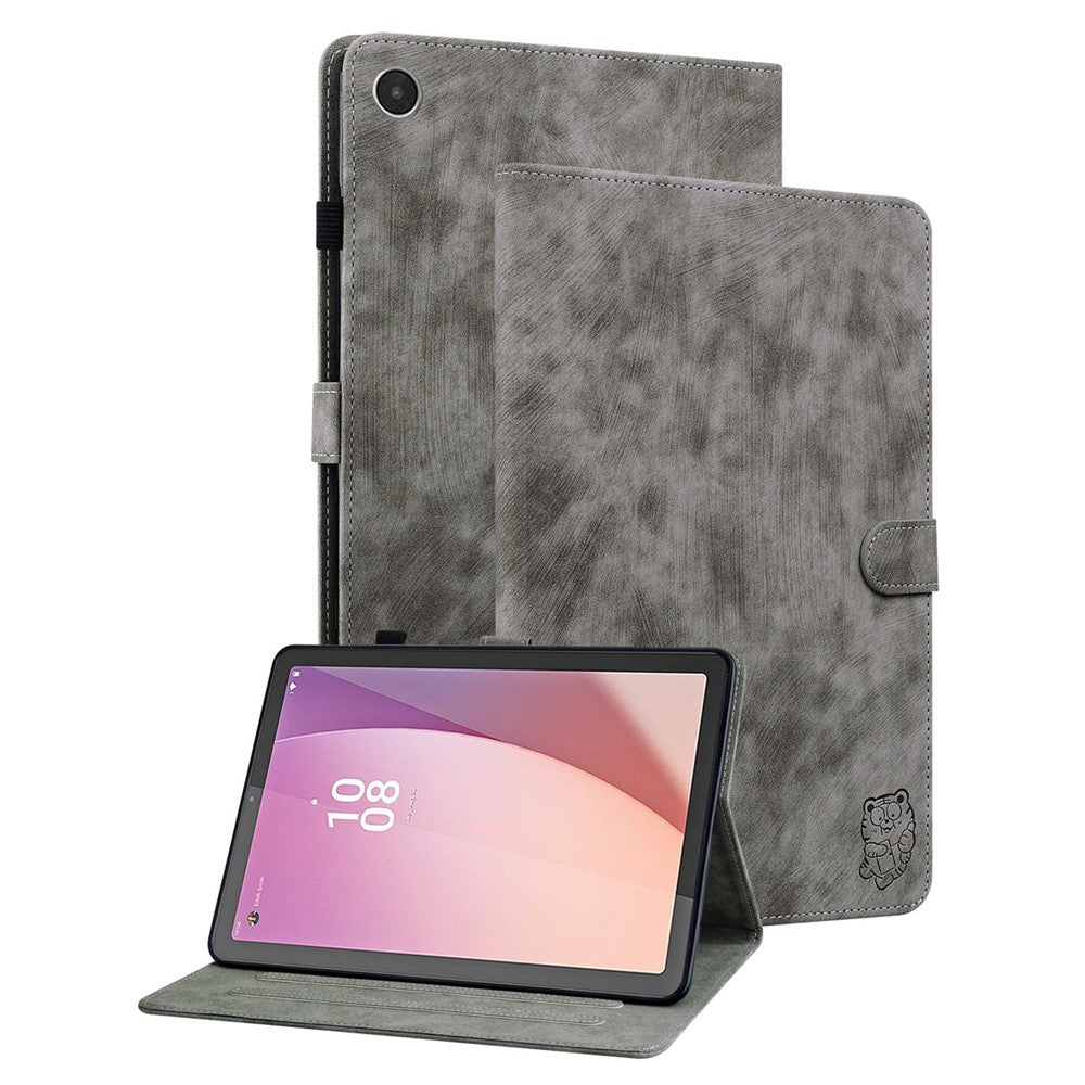 For Lenovo Tab M8 (4th Gen) 2024 TB-301XU / M8 (4th Gen) 2023 TB-300FU PU Leather Tablet Case Cute Tiger Pattern Stand Cover - Grey