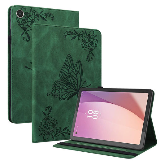 For Lenovo Tab M8 (4th Gen) 2024 TB-301XU / M8 (4th Gen) 2023 TB-300FU Stand Leather Tablet Case Imprinted Butterfly Flower Cover - Green