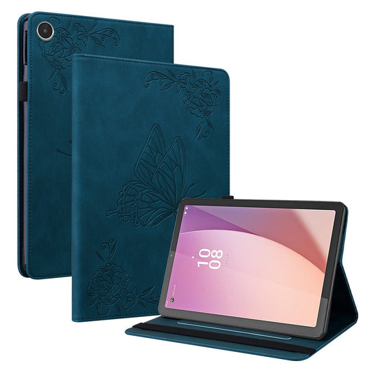 For Lenovo Tab M8 (4th Gen) 2024 TB-301XU / M8 (4th Gen) 2023 TB-300FU Stand Leather Tablet Case Imprinted Butterfly Flower Cover - Dark Blue