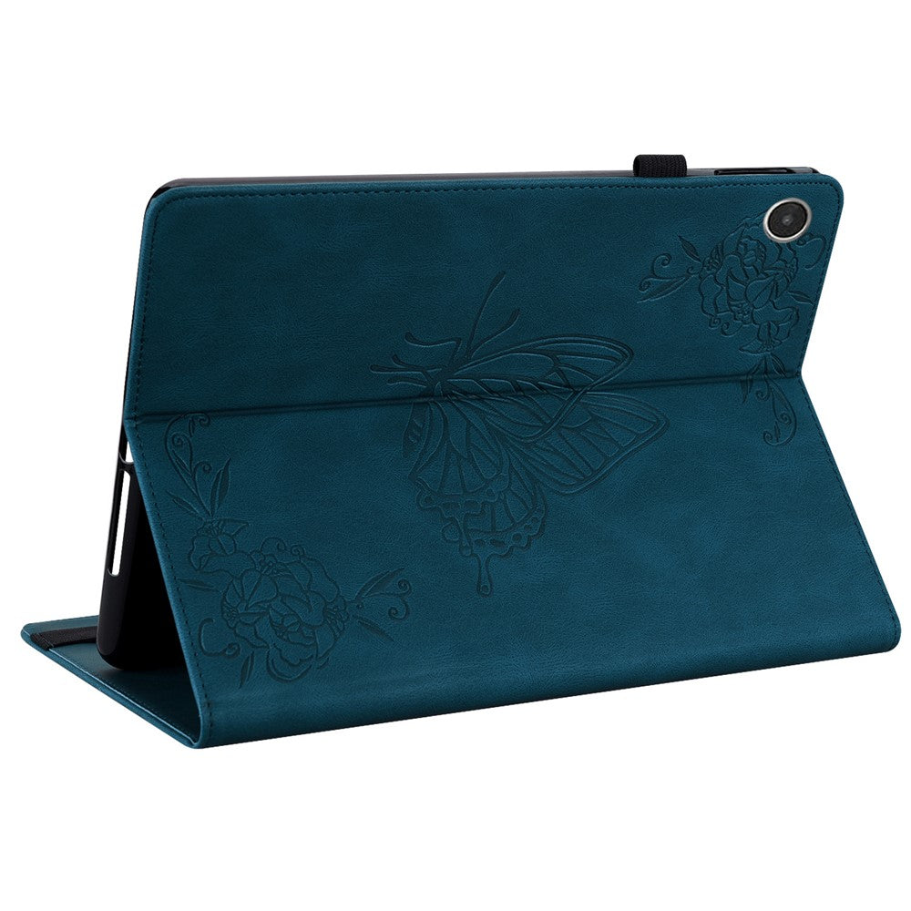For Lenovo Tab M8 (4th Gen) 2024 TB-301XU / M8 (4th Gen) 2023 TB-300FU Stand Leather Tablet Case Imprinted Butterfly Flower Cover - Dark Blue