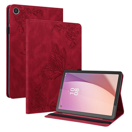 For Lenovo Tab M8 (4th Gen) 2024 TB-301XU / M8 (4th Gen) 2023 TB-300FU Stand Leather Tablet Case Imprinted Butterfly Flower Cover - Red