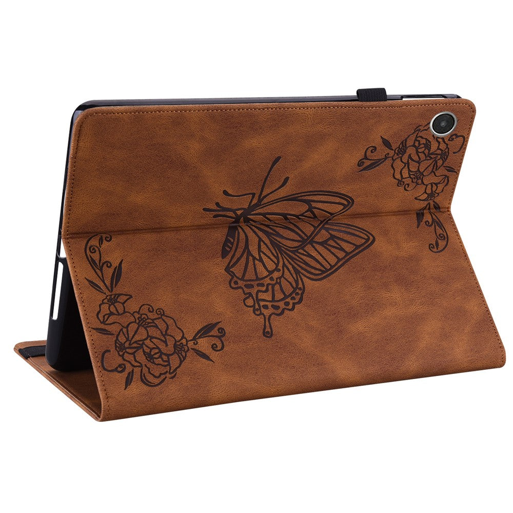 For Lenovo Tab M8 (4th Gen) 2024 TB-301XU / M8 (4th Gen) 2023 TB-300FU Stand Leather Tablet Case Imprinted Butterfly Flower Cover - Brown