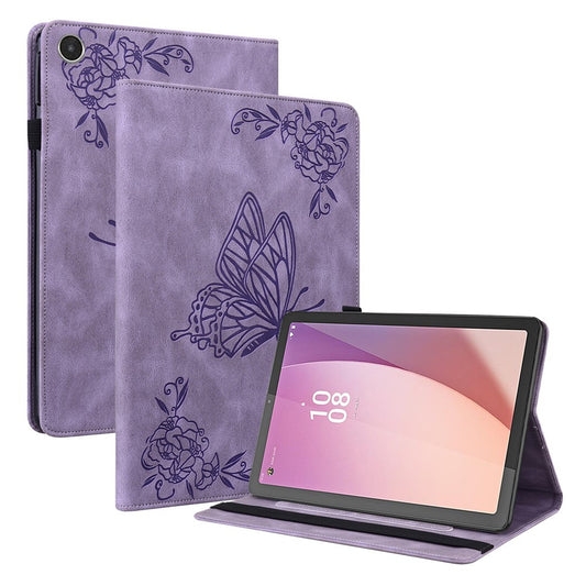 For Lenovo Tab M8 (4th Gen) 2024 TB-301XU / M8 (4th Gen) 2023 TB-300FU Stand Leather Tablet Case Imprinted Butterfly Flower Cover - Purple