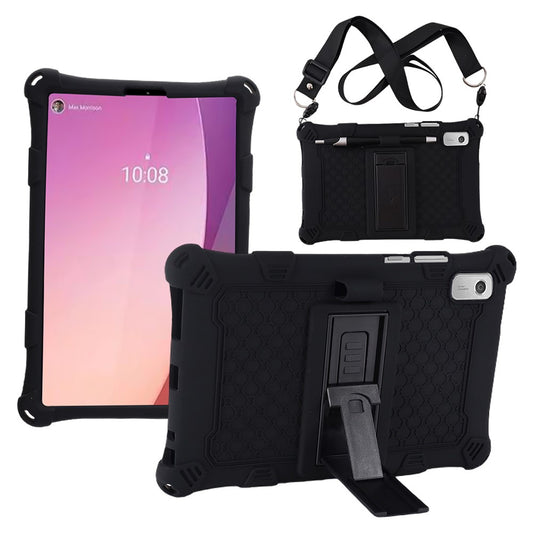 For Lenovo Tab M9 PC + Silicone Shock-Resistant Tablet Case Adjustable Kickstand Cover with Shoulder Strap - Black