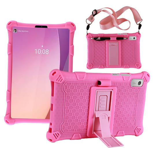For Lenovo Tab M9 PC + Silicone Shock-Resistant Tablet Case Adjustable Kickstand Cover with Shoulder Strap - Pink