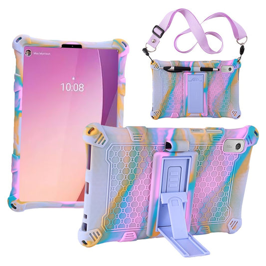 For Lenovo Tab M9 PC + Silicone Shock-Resistant Tablet Case Adjustable Kickstand Cover with Shoulder Strap - Camouflage Rose / Light Purple