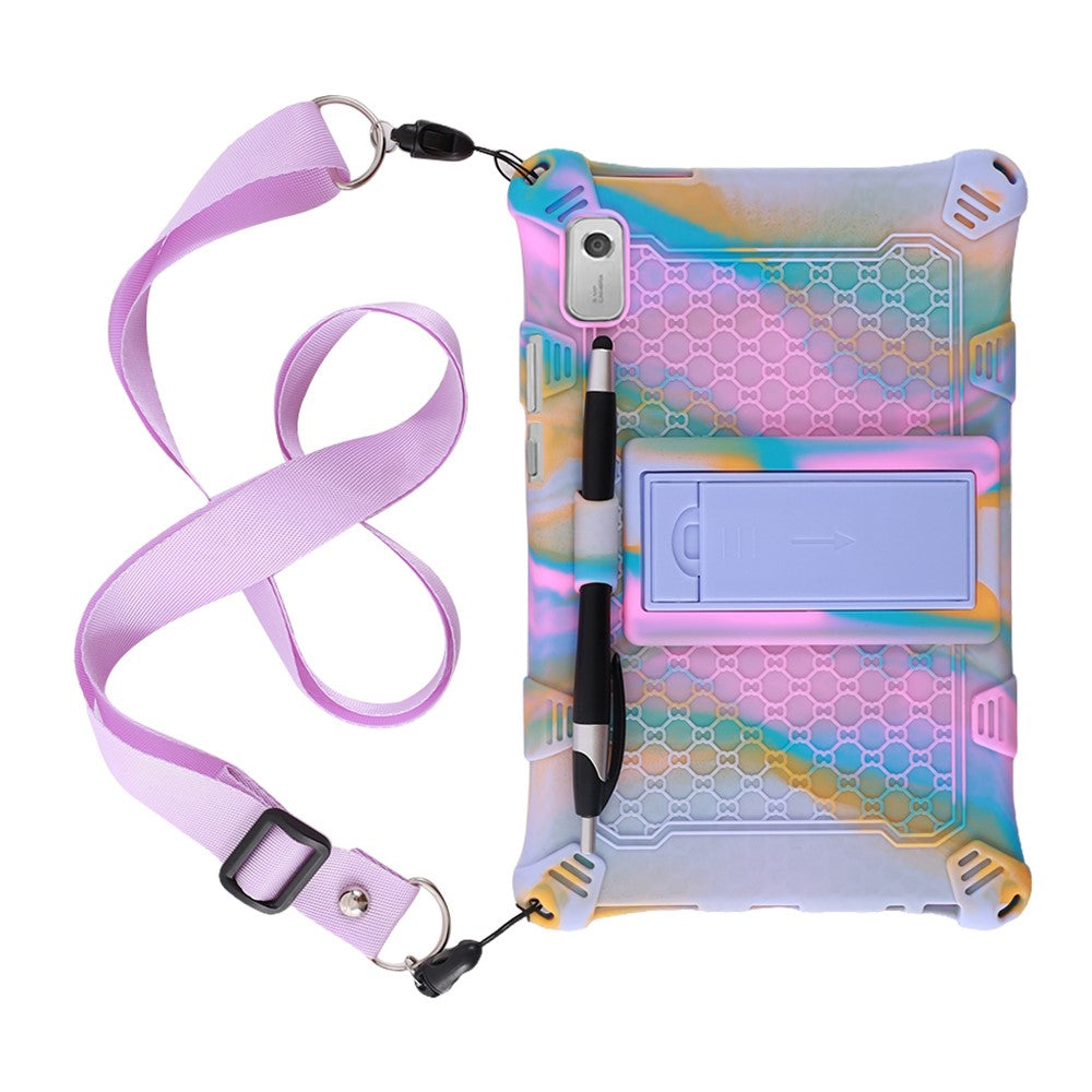For Lenovo Tab M9 PC + Silicone Shock-Resistant Tablet Case Adjustable Kickstand Cover with Shoulder Strap - Camouflage Rose / Light Purple
