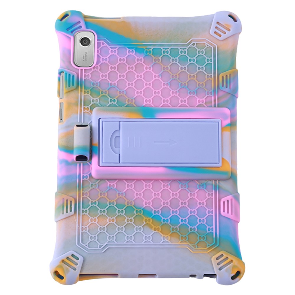 For Lenovo Tab M9 PC + Silicone Shock-Resistant Tablet Case Adjustable Kickstand Cover with Shoulder Strap - Camouflage Rose / Light Purple