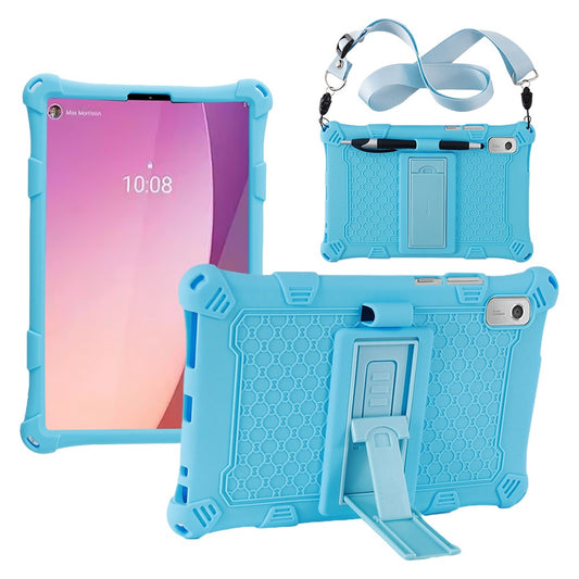 For Lenovo Tab M9 PC + Silicone Shock-Resistant Tablet Case Adjustable Kickstand Cover with Shoulder Strap - Blue