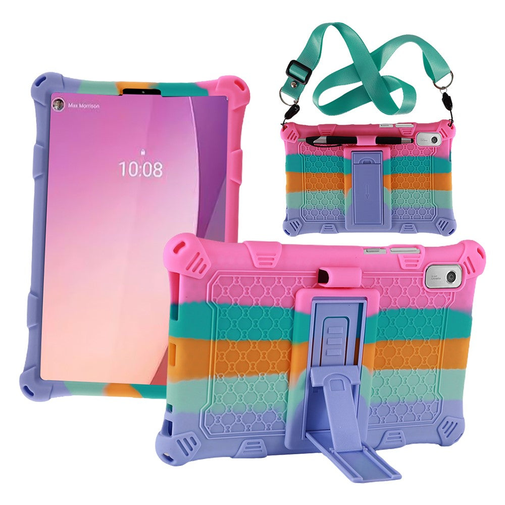 For Lenovo Tab M9 PC + Silicone Shock-Resistant Tablet Case Adjustable Kickstand Cover with Shoulder Strap - Colorful Pink