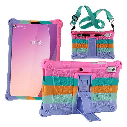 For Lenovo Tab M9 PC + Silicone Shock-Resistant Tablet Case Adjustable Kickstand Cover with Shoulder Strap - Colorful Pink