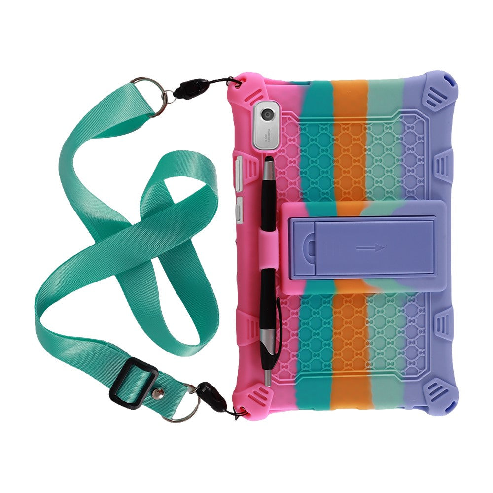 For Lenovo Tab M9 PC + Silicone Shock-Resistant Tablet Case Adjustable Kickstand Cover with Shoulder Strap - Colorful Pink
