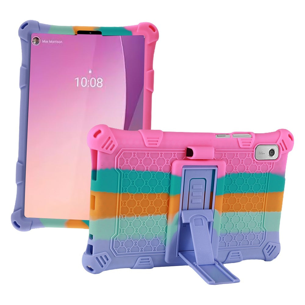 For Lenovo Tab M9 PC + Silicone Shock-Resistant Tablet Case Adjustable Kickstand Cover with Shoulder Strap - Colorful Pink