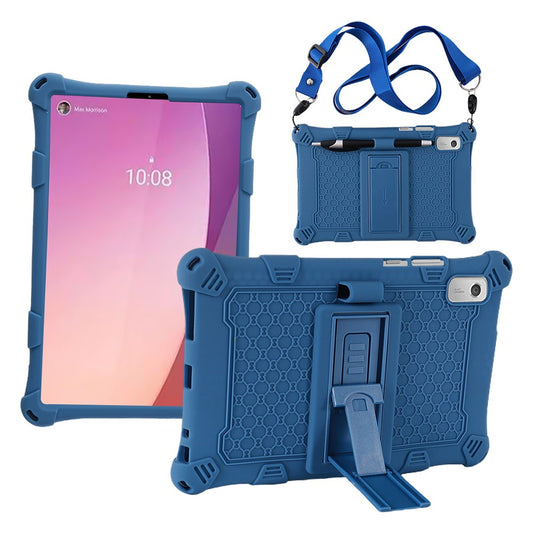 For Lenovo Tab M9 PC + Silicone Shock-Resistant Tablet Case Adjustable Kickstand Cover with Shoulder Strap - Dark Blue