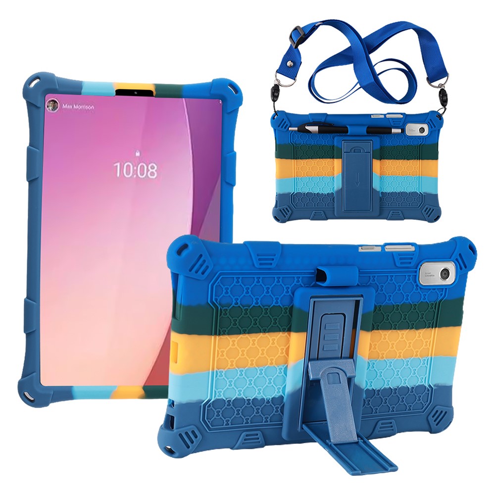 For Lenovo Tab M9 PC + Silicone Shock-Resistant Tablet Case Adjustable Kickstand Cover with Shoulder Strap - Colorful Dark Blue