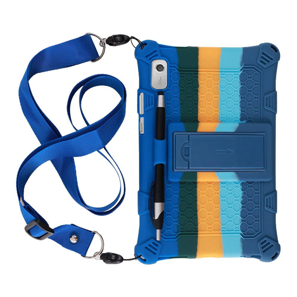 For Lenovo Tab M9 PC + Silicone Shock-Resistant Tablet Case Adjustable Kickstand Cover with Shoulder Strap - Colorful Dark Blue