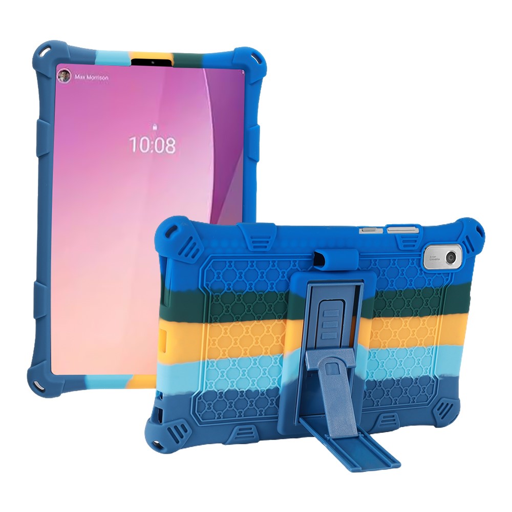For Lenovo Tab M9 PC + Silicone Shock-Resistant Tablet Case Adjustable Kickstand Cover with Shoulder Strap - Colorful Dark Blue