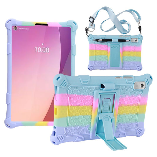 For Lenovo Tab M9 PC + Silicone Shock-Resistant Tablet Case Adjustable Kickstand Cover with Shoulder Strap - Colorful Baby Blue