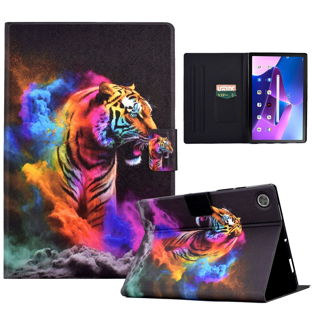 For Lenovo Tab M10 Plus (3rd Gen) / Xiaoxin Pad 2022 10.6 inch Card Slot Tablet Case PU Leather Pattern Printed Stand Cover - Colorful Tiger