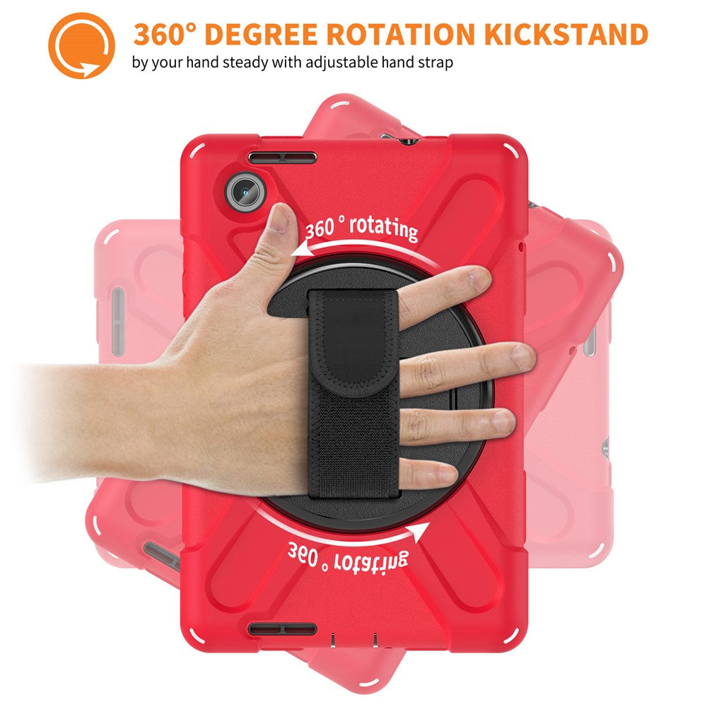 For Lenovo Tab M8 (4th Gen) 2024 TB-301XU / M8 (4th Gen) 2023 TB-300FU Kickstand PC + Silicone Tablet Case with Hand Strap - Red
