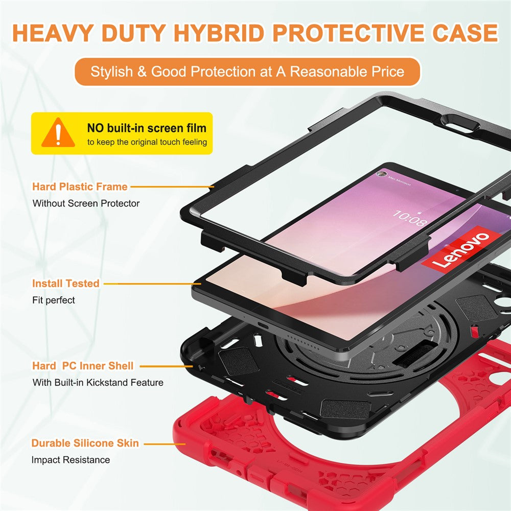For Lenovo Tab M8 (4th Gen) 2024 TB-301XU / M8 (4th Gen) 2023 TB-300FU Kickstand PC + Silicone Tablet Case with Hand Strap - Red