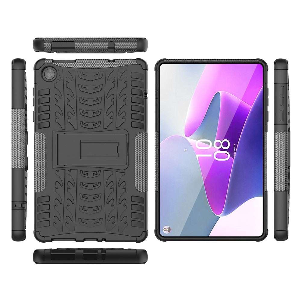 For Lenovo Tab M8 (4th Gen) 2024 TB-301XU / M8 (4th Gen) 2023 TB-300FU Kickstand Tablet Case Tire Texture TPU PC Cover - Black