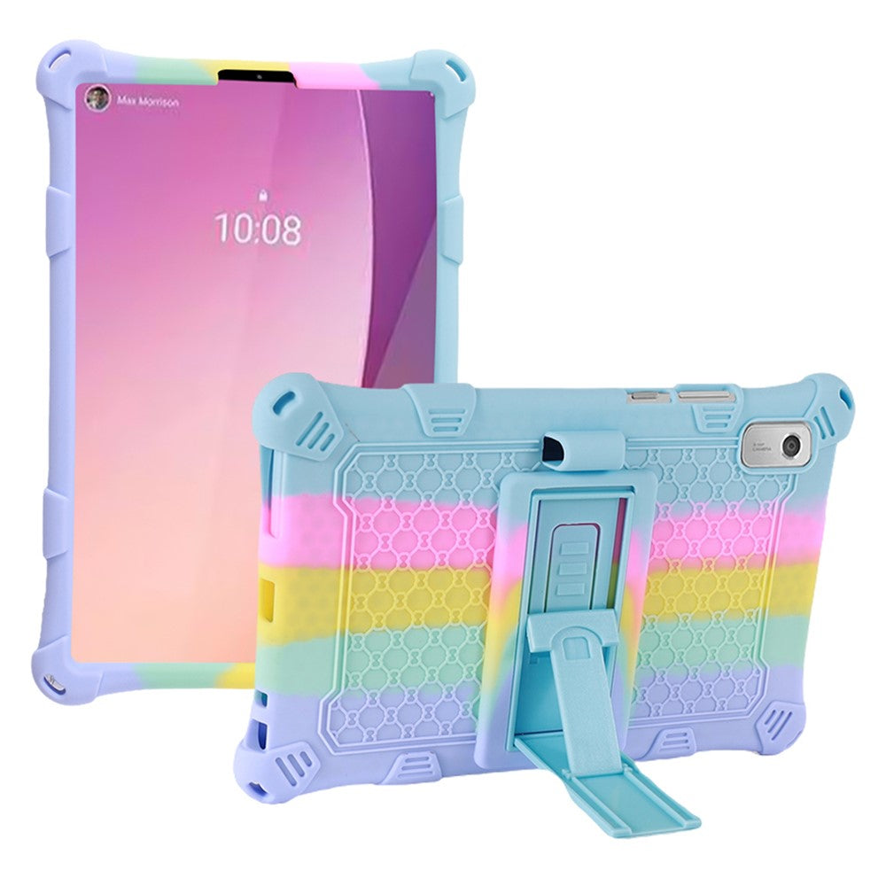 For Lenovo Tab M9 310FU Kickstand Tablet Silicone Case Retro Texture Anti-drop Tablet Cover - Colorful Baby Blue