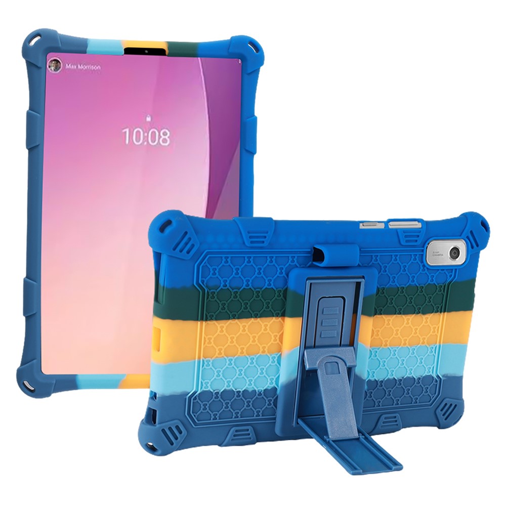 For Lenovo Tab M9 310FU Kickstand Tablet Silicone Case Retro Texture Anti-drop Tablet Cover - Colorful Dark Blue