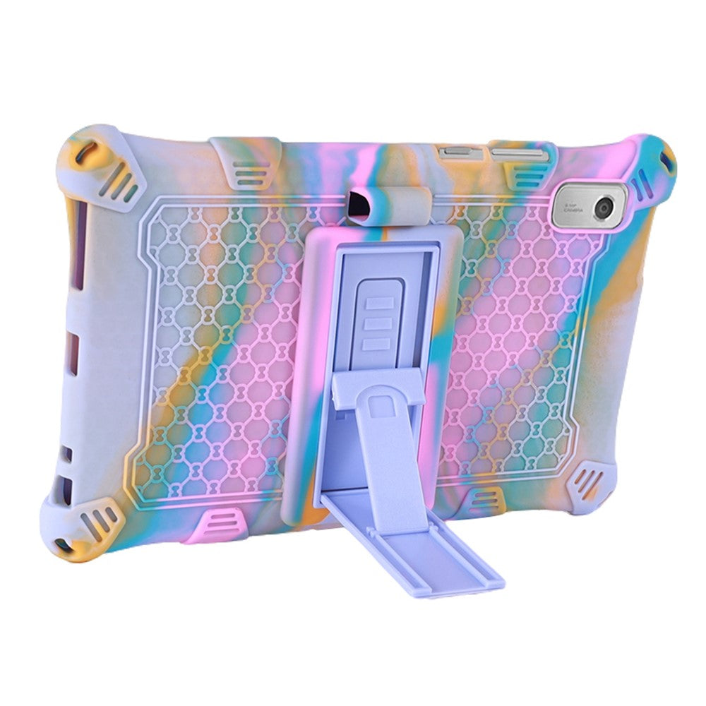 For Lenovo Tab M9 310FU Kickstand Tablet Silicone Case Retro Texture Anti-drop Tablet Cover - Camo Rose+Light Purple