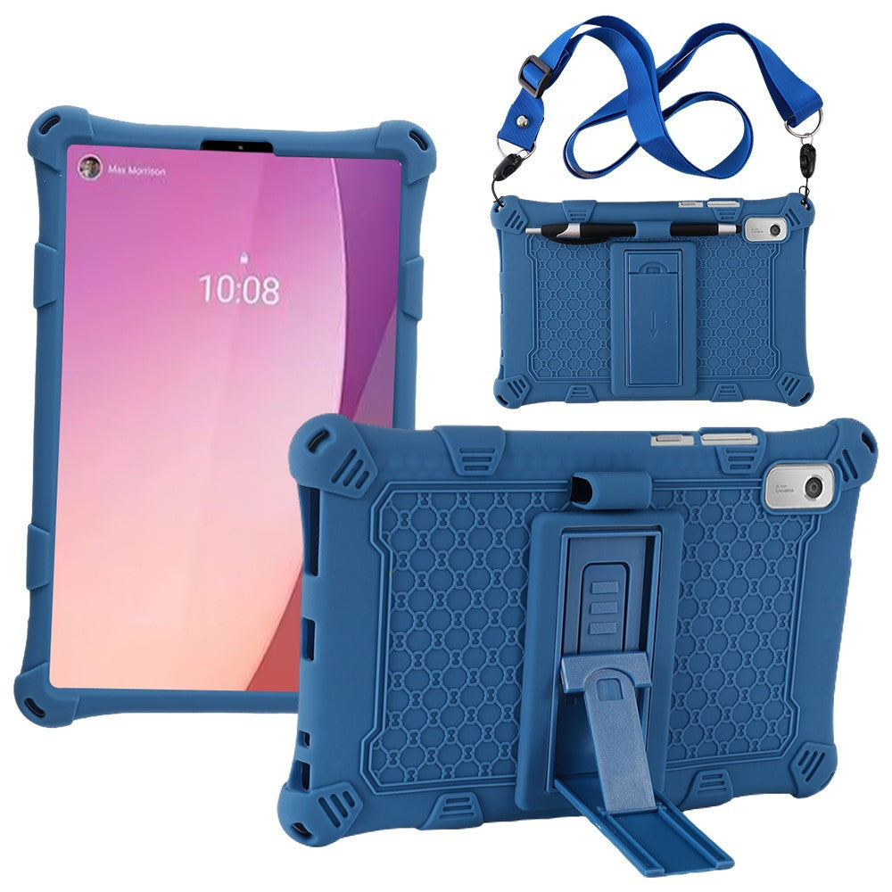 For Lenovo Tab M9 310FU Retro Texture Tablet Silicone Case Kickstand Tablet Cover with Lanyard - Dark Blue