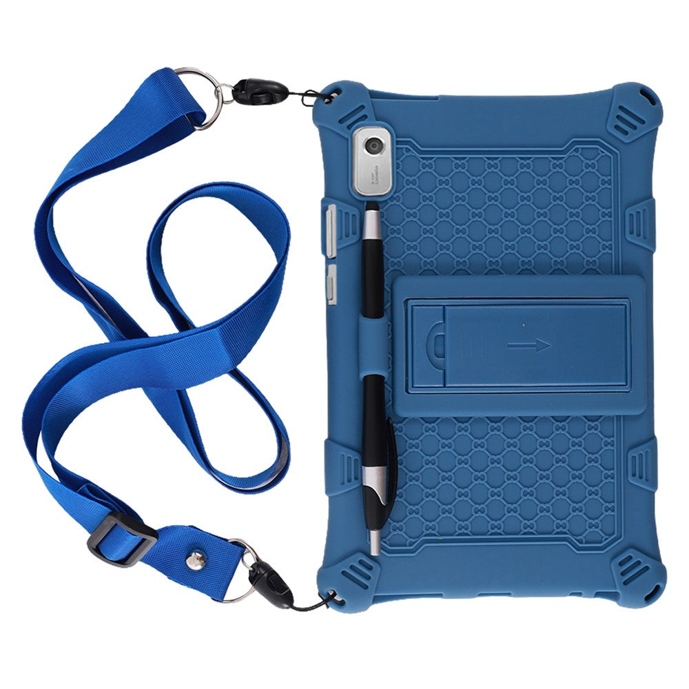For Lenovo Tab M9 310FU Retro Texture Tablet Silicone Case Kickstand Tablet Cover with Lanyard - Dark Blue