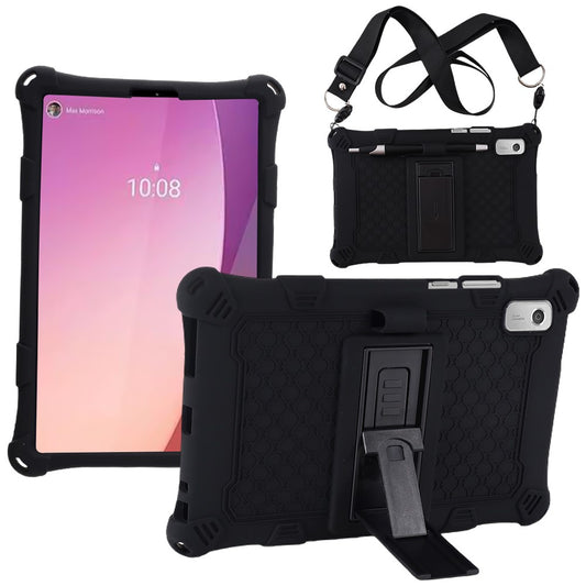 For Lenovo Tab M9 310FU Retro Texture Tablet Silicone Case Kickstand Tablet Cover with Lanyard - Black