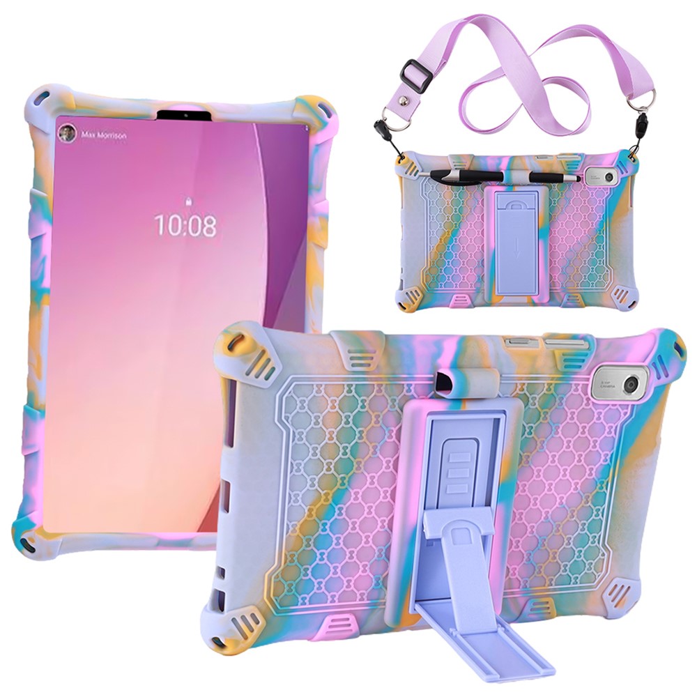 For Lenovo Tab M9 310FU Retro Texture Tablet Silicone Case Kickstand Tablet Cover with Lanyard - Camo Rose+Light Purple