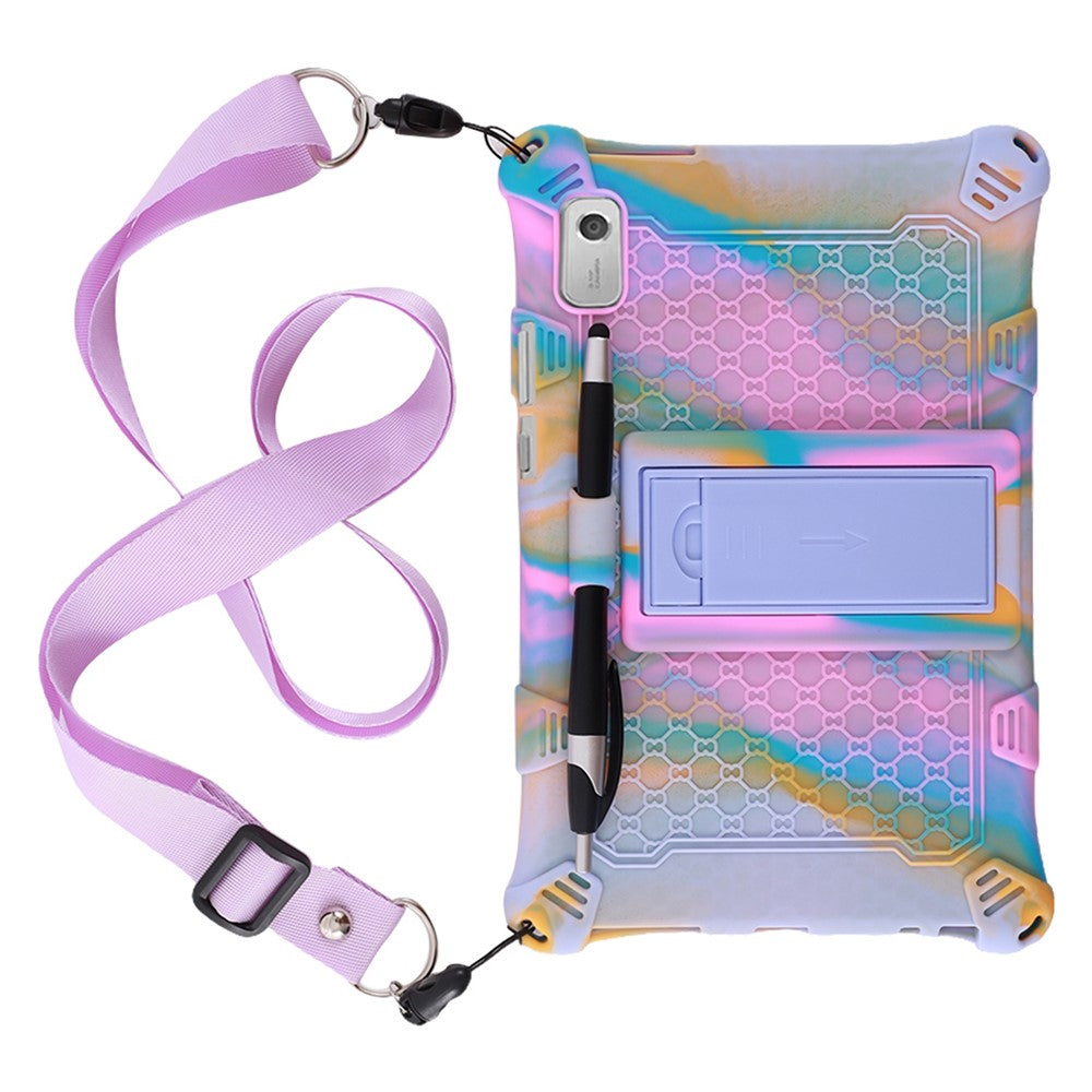 For Lenovo Tab M9 310FU Retro Texture Tablet Silicone Case Kickstand Tablet Cover with Lanyard - Camo Rose+Light Purple