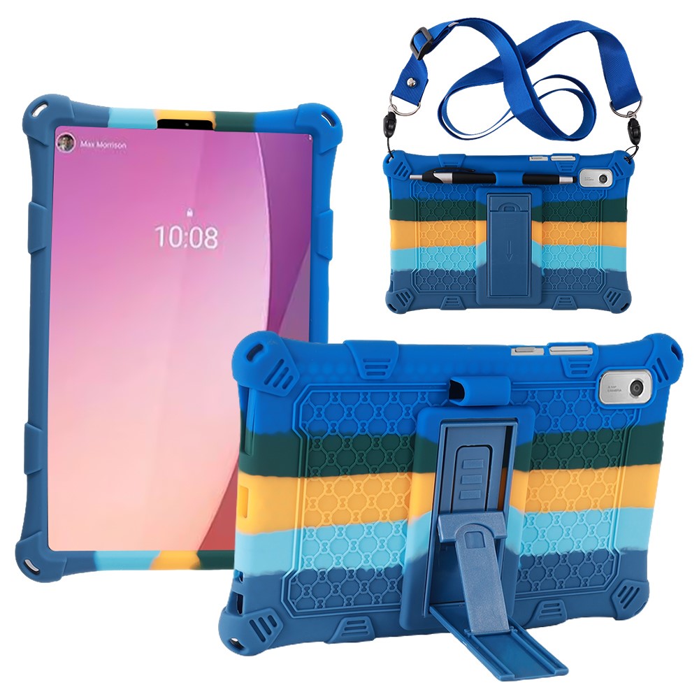 For Lenovo Tab M9 310FU Retro Texture Tablet Silicone Case Kickstand Tablet Cover with Lanyard - Colorful Dark Blue