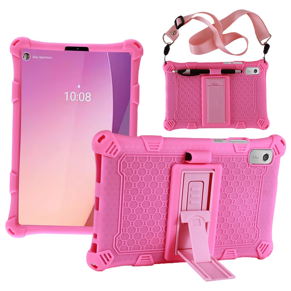 For Lenovo Tab M9 310FU Retro Texture Tablet Silicone Case Kickstand Tablet Cover with Lanyard - Pink