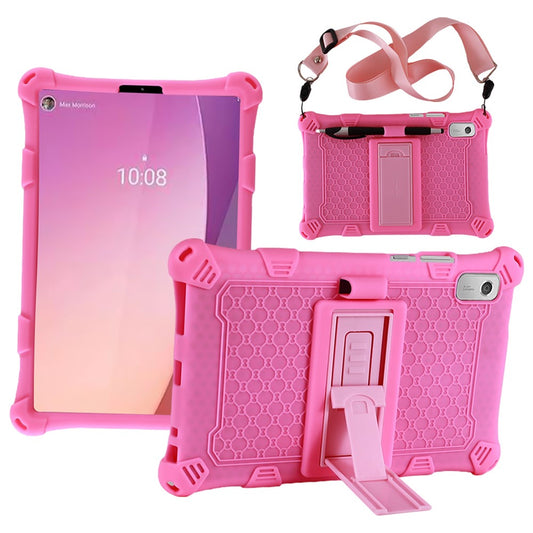 For Lenovo Tab M9 310FU Retro Texture Tablet Silicone Case Kickstand Tablet Cover with Lanyard - Pink