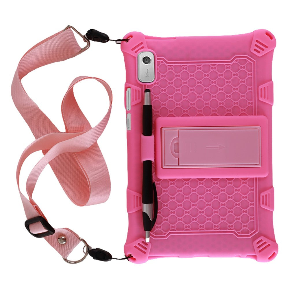 For Lenovo Tab M9 310FU Retro Texture Tablet Silicone Case Kickstand Tablet Cover with Lanyard - Pink