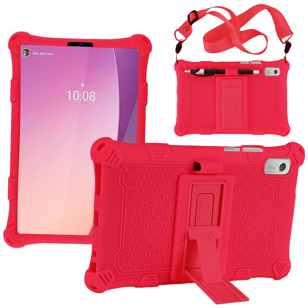 For Lenovo Tab M9 310FU Retro Texture Tablet Silicone Case Kickstand Tablet Cover with Lanyard - Red